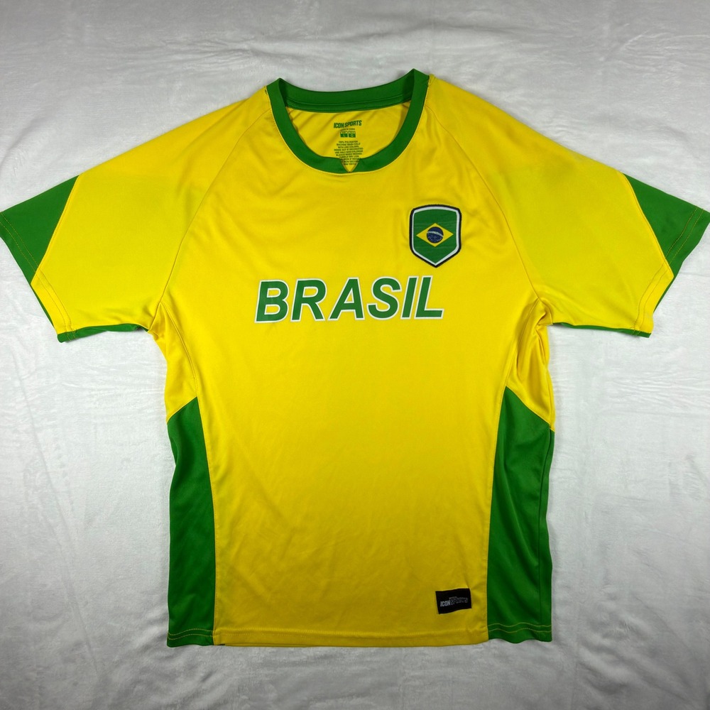 Icon Sports Brasil Soccer Jersey Mens Large Yellow‎ Green Short Sleeve Shirt